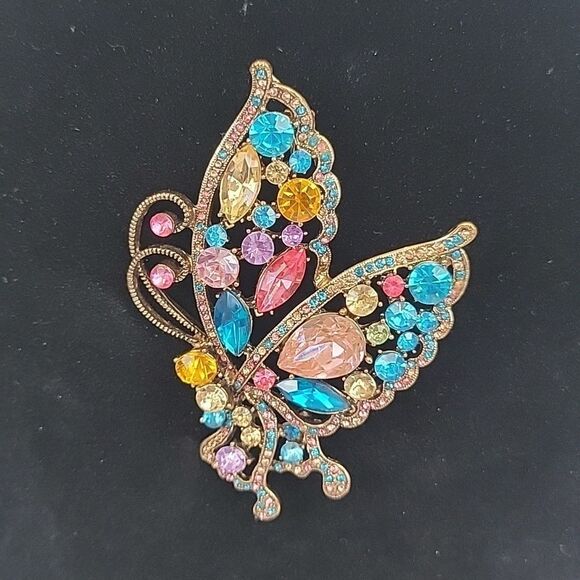 Retro style butterfly brooche multicolored faceted - Picture 6 of 6